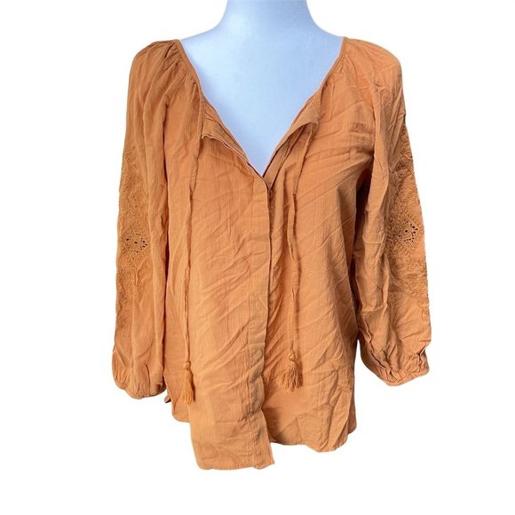 Massimo Dutti Tops - Massimo Dutti Blouse Womens Sz S Embroidered Detail Orange Rust Button Bohemian